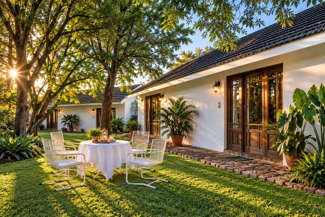 Garden and rooms at Musketeers Lodge in golden evening light